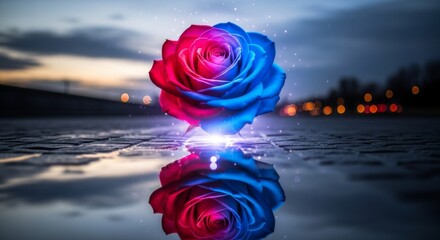Vibrant rose mirrored on a reflective surface at dusk