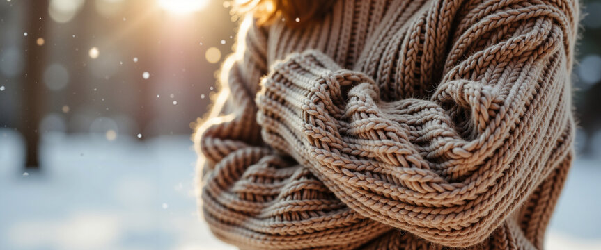 Close-up of intricate texture of hand-knitted sweater in falling snow  