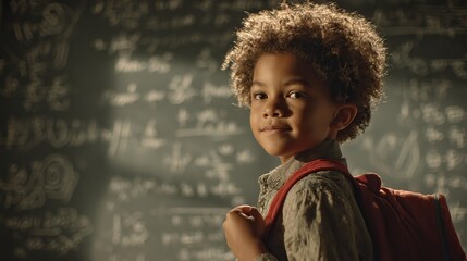 A confident young Black boy with a curly afro and red backpack stands in front of a blackboard, smiling brightly, evoking a powerful educational atmosphere.