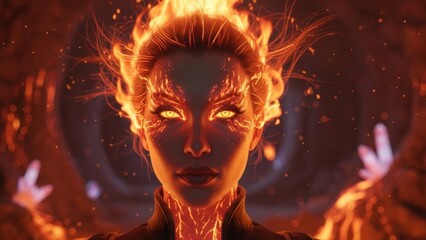 Woman with fiery aura and glowing eyes portrait
