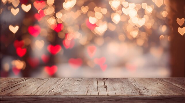 Romantic Valentine's Day Table Setting Cozy Hearts Warm Bokeh Lights Rustic Holiday Mood - Powered by Adobe
