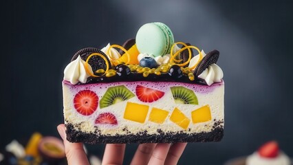 Slice of colorful fruit cheesecake with macaron and cookies, held in hand against a dark background