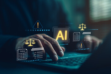 Artificial intelligence and law concept. Businessman working on laptop with icons of AI regulation,...
