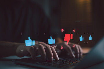 User typing negative online review with thumbs down icon. Concept of bad customer feedback,...