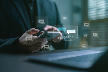 Businessman using smartphone for collecting customer feedback and online review. Concept of digital communication, client satisfaction, and service evaluation in modern business.