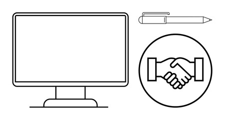 Business collaboration. Handshake symbol and computer screen digital teamwork and agreements. Business collaboration enables partnerships and professional connections. For entrepreneurship
