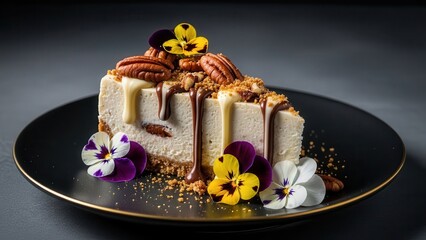 Slice of creamy cheesecake topped with pecans and drizzled with chocolate sauce, garnished with edible pansy flowers, presented on a black plate, dark background
