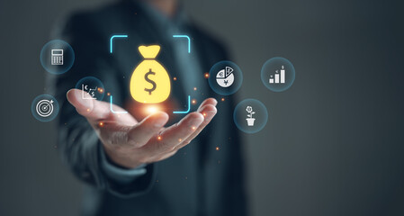 Businessman presenting investment growth and financial management concept. Digital icons of money bag, currency exchange, ROI, and target symbolizing profit strategy and wealth planning.