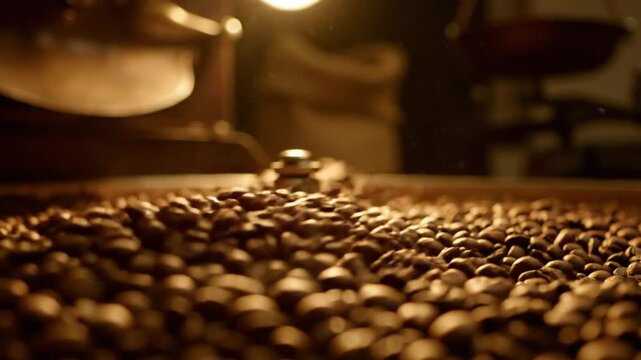 Close-up shot of roasted coffee beans in a vintage industrial roaster with rich brown tones and atmospheric light