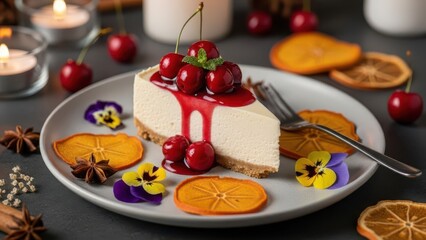 Slice of cheesecake topped with fresh cherries and cherry sauce, garnished with dried orange slices and pansy flowers, on a plate with candles in the background