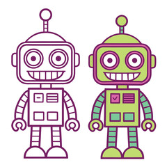 Naklejka premium A set of funny, cute, and retro cartoon toy robots, perfect for a futuristic technology vector illustration