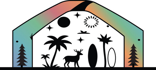 Sunset Desert Silhouette Vector Illustration &ndash; Minimal Nature Landscape With Animals, Trees & Gradient House Shape.