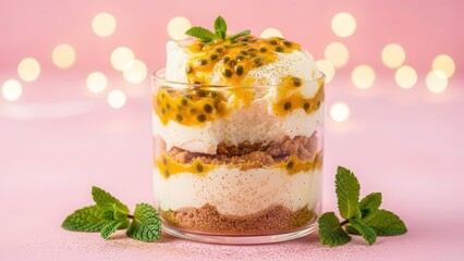 Layered passion fruit dessert in a glass jar with cream, crumble, and mint garnish, set against a soft pink bokeh background