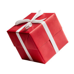 red gift box with white ribbon on white background.