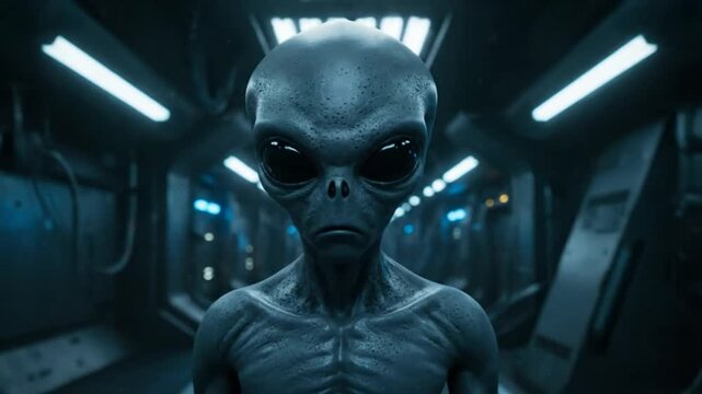 Intense close-up of a grey alien with large dark eyes in a futuristic sci-fi hallway