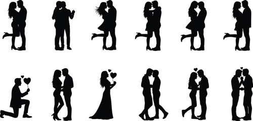 Romantic couple silhouette set showing love, kissing, proposal and embracing poses isolated on white background