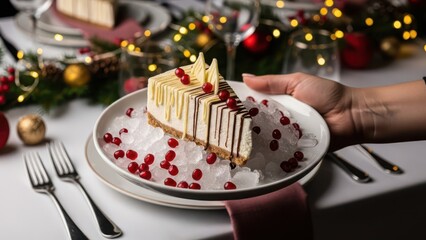 Slice of white chocolate cheesecake with red currants served on crushed ice, held by a hand, set on a festive christmas dinner table with bokeh lights in the background