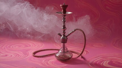 Obraz premium Traditional hookah with visible smoke clouds on textured pink surface and swirling background
