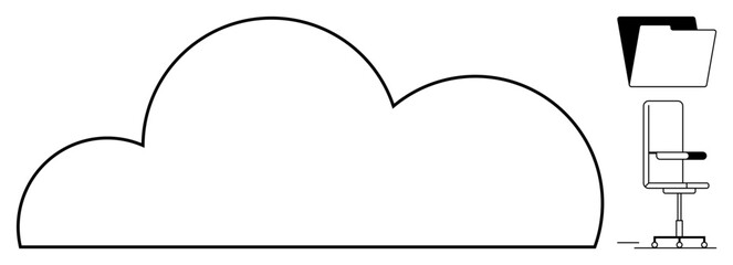 Cloud computing, data storage, remote work, digital organization, office setup, business tools. Simplistic outline of a cloud, office chair and file folder symbol. Cloud computing and data storage