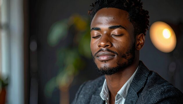 Young African American man with closed eyes meditating peacefully indoors. - Powered by Adobe