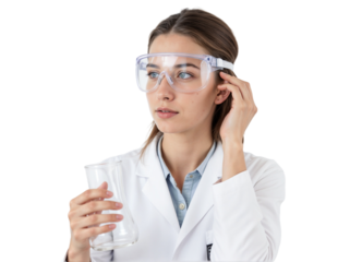 Young woman wearing safety goggles holds a beaker and looks thoughtful in a laboratory setting during the day