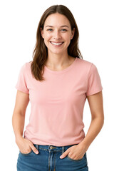 Obraz premium Smiling woman in pink t-shirt standing confidently with hands in pockets in a neutral setting