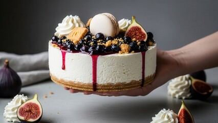 Hand holding a delicious homemade cheesecake topped with blueberries, figs, a macaron, and whipped cream dollops, against a dark, moody background for a gourmet dessert presentation