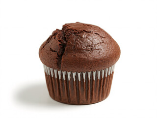 A single delicious chocolate muffin in a white paper liner, isolated on a clean white background, casting a subtle shadow.