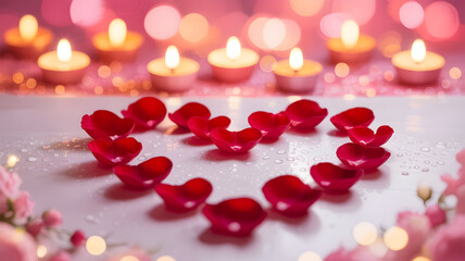 Romantic heart shape made of rose petals with blurred candlelight background