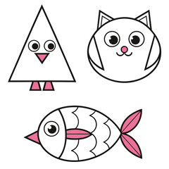 Funny cartoon vector illustration of a cute black kitten character with funny eyes, fish, and a heart design symbol