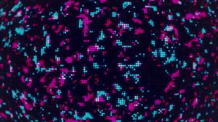 Futuristic digital technology blinking dots loop motion background. Hi-tech motion graphic background with blue and purple flickering dots on dark blue background