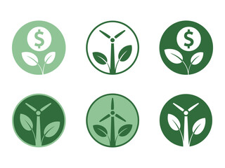 Green energy and finance icons with dollar sign and wind turbines money