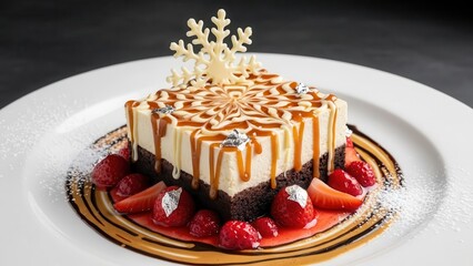 Square layered dessert with caramel drizzle and a white snowflake decoration, served with strawberries and chocolate sauce on a white plate, isolated on white