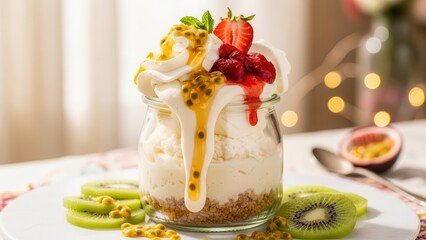 Delicious layered dessert in a glass jar with passion fruit, strawberry, kiwi slices, and whipped cream, perfect for a sweet treat or cafe menu presentation