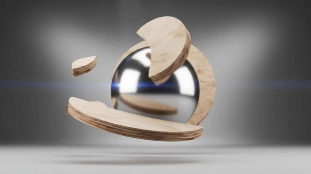 Abstract 3D animation of a reflective silver sphere and deconstructed wooden elements floating against a grey background