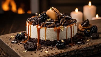 Decadent nobake chocolate and blackberry cheesecake topped with a macaron and caramel drizzle, served on a rustic wooden board with ambient candlelight