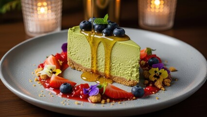 Slice of vibrant green matcha cheesecake topped with fresh blueberries, drizzled with golden syrup, and garnished with strawberries and edible flowers on a modern plate