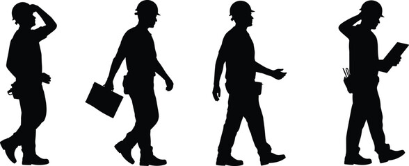 Silhouettes of construction workers walking and inspecting documents, representing industry, labor, teamwork, jobsite tasks, safety, responsibility, and craftsmanship
