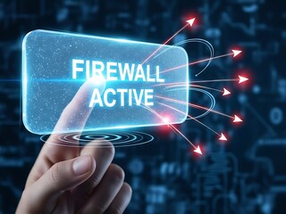 Finger touching a glowing button labeled "FIREWALL ACTIVE" with red arrows indicating data flow, digital security concept