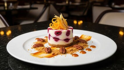 Gourmet individual raspberry cheesecake or mousse dessert with pecans and caramel sauce on a white plate in a dark restaurant setting, no white background