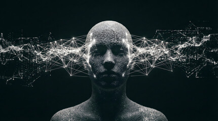 digital brainwave energy and neural data streams surrounding dark humanoid form