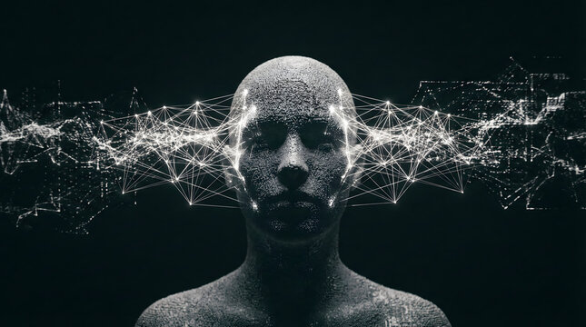 digital brainwave energy and neural data streams surrounding dark humanoid form - Powered by Adobe