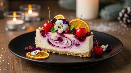 Slice of cheesecake with cherry, orange slice, and edible flower on a black plate, festive holiday atmosphere with blurred candles in the background