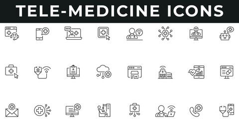 Fototapeta premium Tele Medicine Icons vector illustration with thin line editable stroke containing digital health, virtual consultation, medical apps, services, pharmacy, online doctor, diagnosis, e-health, virtual