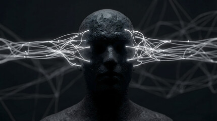 futuristic ai mind connection with digital neural energy flowing through human figure
