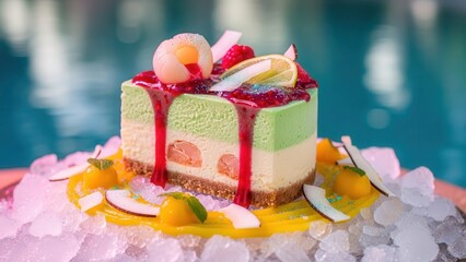 Exotic layered mousse cake with tropical fruit topping and red syrup drizzle, served on crushed ice with mango slices and lime garnish, against a blurred blue pool background