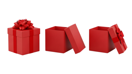 Three vibrant red gift boxes with bows one closed and two open presented against a stark black background