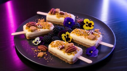 Gourmet frozen cheesecake popsicles with pecans, blackberries, and edible flowers served on a dark plate with dramatic lighting