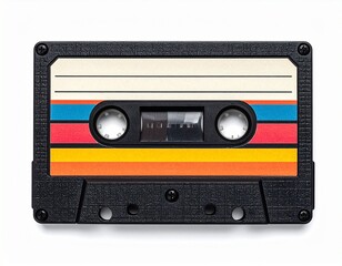 Fototapeta premium Retro cassette tape, vintage audio music recording media with colorful stripes for 80s and 90s nostalgia isolated on white 