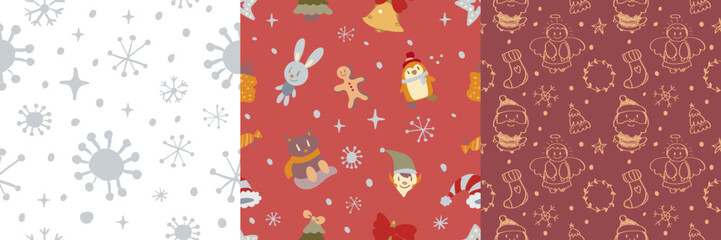 Set of Adorable seamless Christmas doodle pattern with cute festive icons and cozy holiday vibes. Perfect for gift wrap, textiles, greeting cards, and joyful seasonal decor.